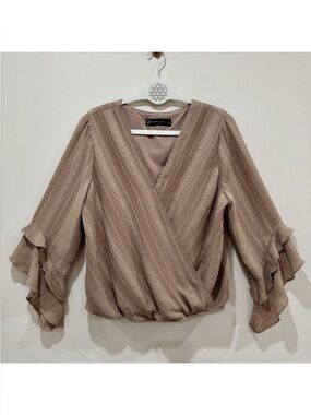 New York & Company Flare Sleeve Faux Wrap Blouse with Ruffle Sleeves Boho Size L